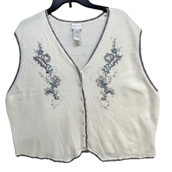 Koret Sweaters - Vintage Koret Sweater Vest 2X White Embroider Floral Beaded Cottage Granny Chic